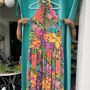 New ($398)Trina Turk Vibrant Tropical Halter Maxi Dress  Small